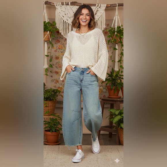 Women's Light Blue Barrel Wide-Leg Jeans - Picture 2 of 2